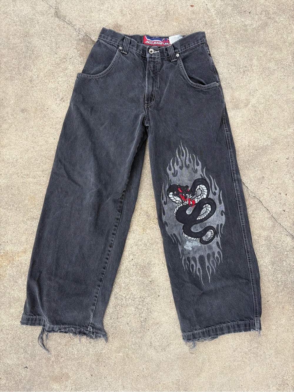 1990s JNCO JEANS 31X30 Black Snake Hissing Baggy and Distressed